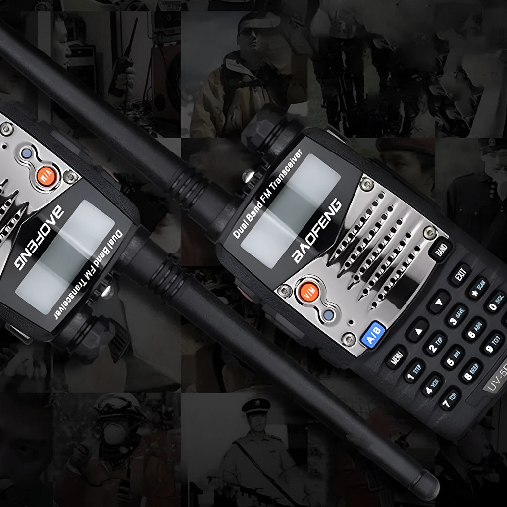 Baofeng UV-5RA black two-way radio handheld transceiver with dual display screen, keypad, and rubberised antenna.