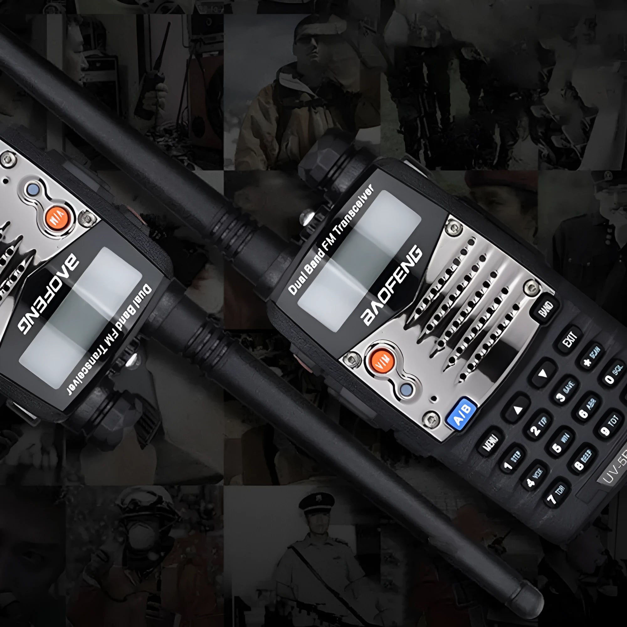 Baofeng UV-5RA black two-way radio handheld transceiver with dual display screen, keypad, and rubberised antenna.