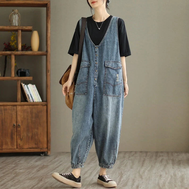 Women's denim tank top jumpsuit with Hong Kong breeze style and relaxed fit