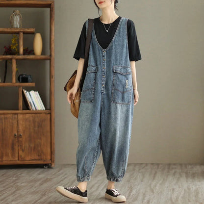 Women's denim tank top jumpsuit with Hong Kong breeze style and relaxed fit