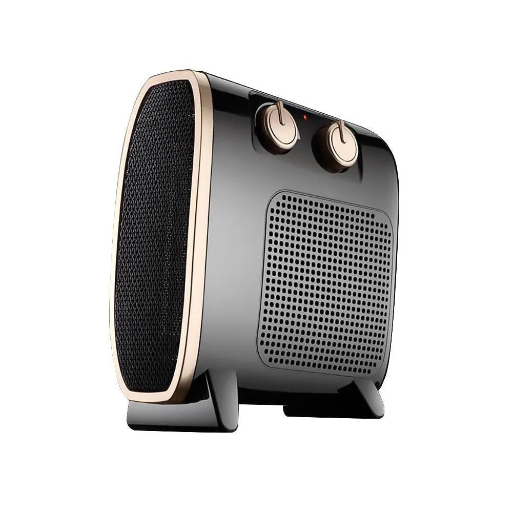 White and black gold portable electric fan heater with mechanical control knobs on the front.