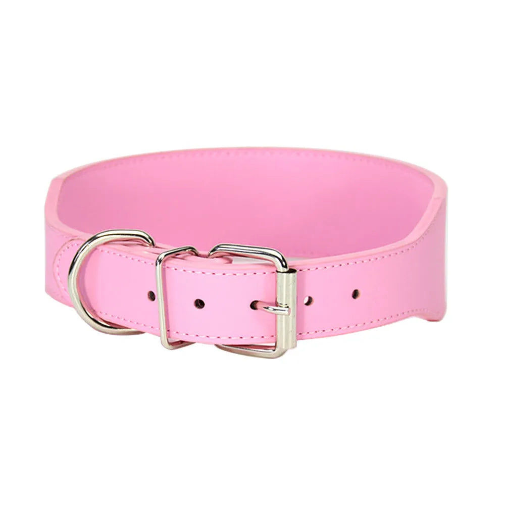Fish-shaped leather dog collar for large dogs in red, blue, black, pink, or brown.