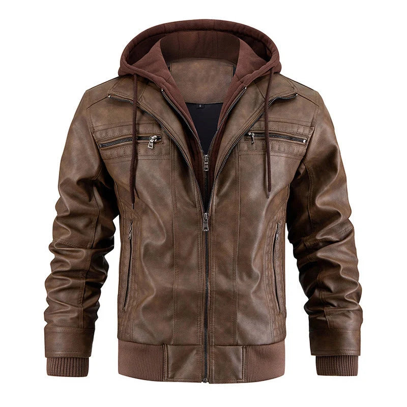 Men's black and brown hooded PU leather jacket with zipper pockets