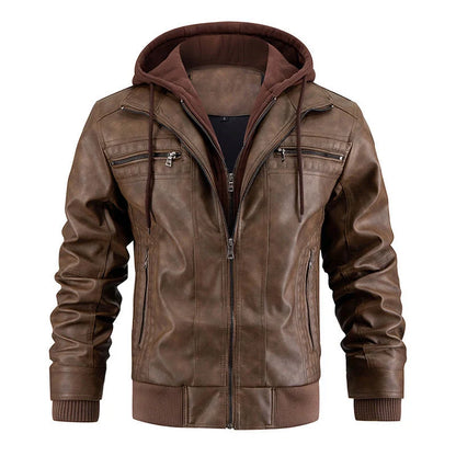 Men's black and brown hooded PU leather jacket with zipper pockets