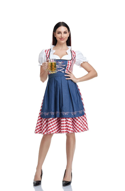 Women's Oktoberfest ethnic dress in red denim with apron and ribbon, sizes S to XXL
