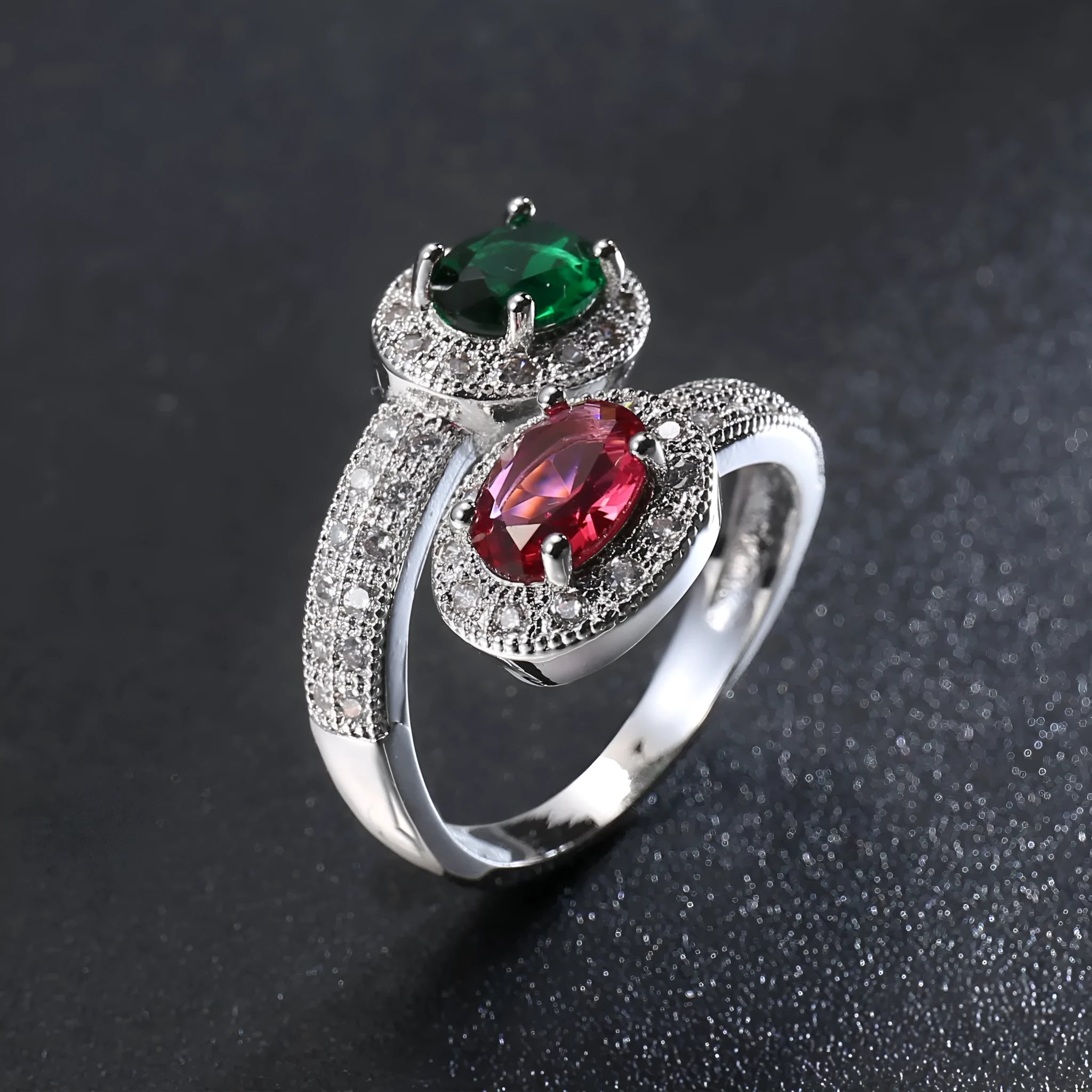 Copper electroplated zircon ring for women in Rose Emerald colour on plain background