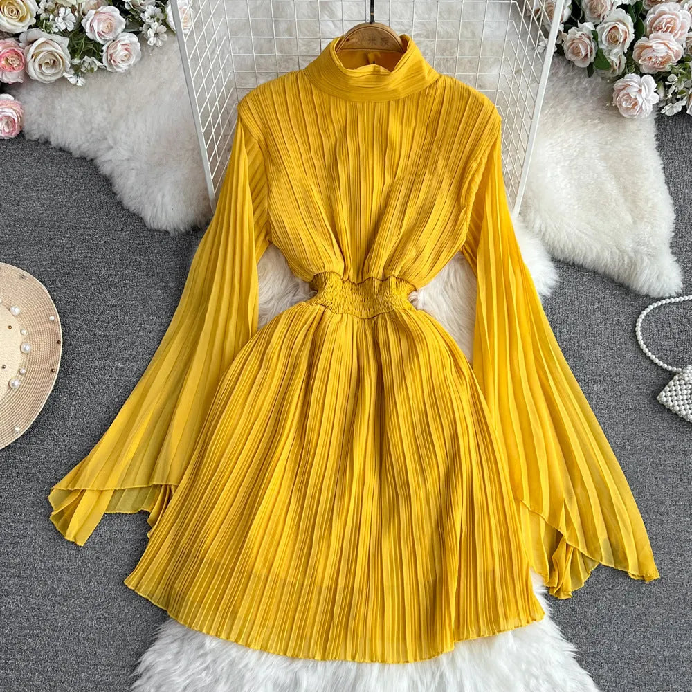 Horn long sleeves stand collar high waist A-line chiffon dress in orange-red colour