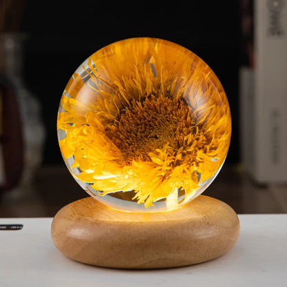LED Night Light Flower Crystal Ball with wooden base, perfect for children's bedrooms