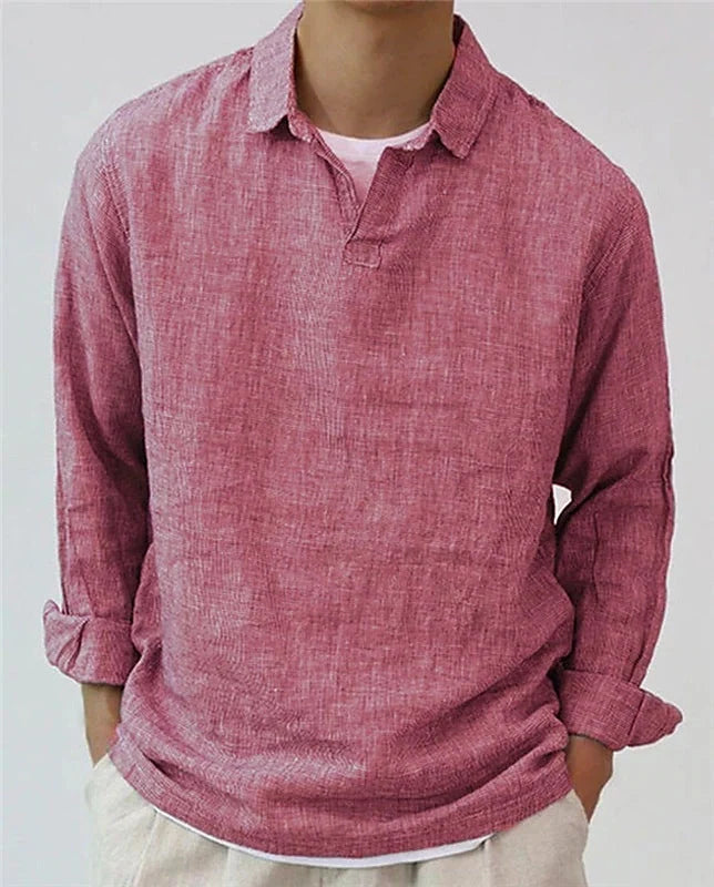 Men's European retro cotton blend pullover shirt in rose red, dark green, and gray