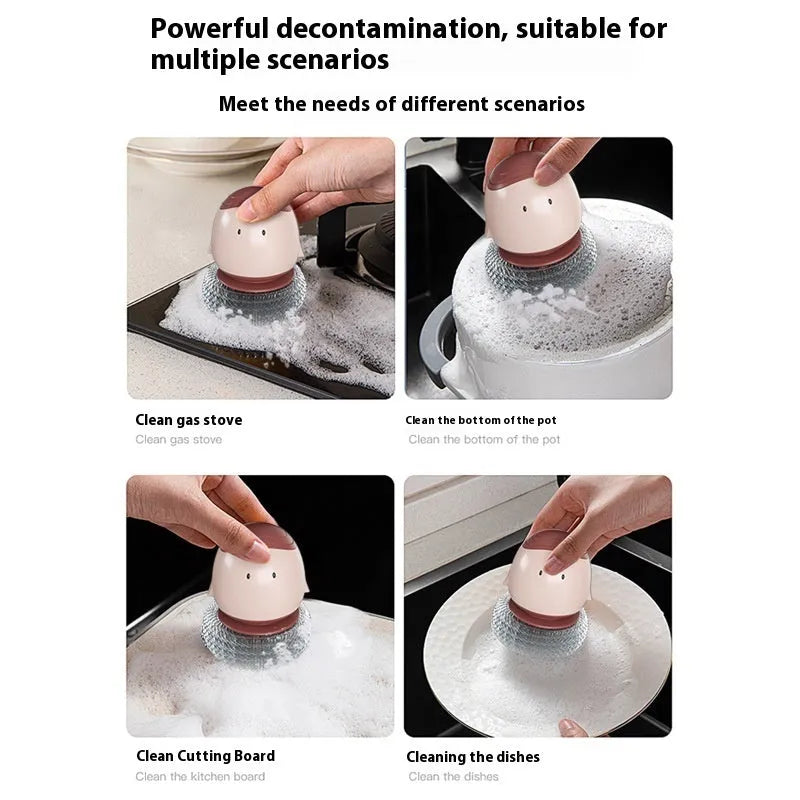Automatic liquid filling dish brush in cute chicken shape with replaceable brush head in Bean Red