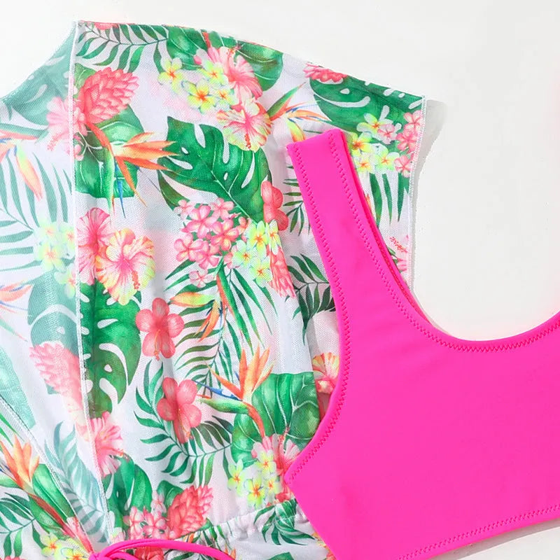 Girls' two-piece swimsuit with Korean floral pattern in polyester fabric