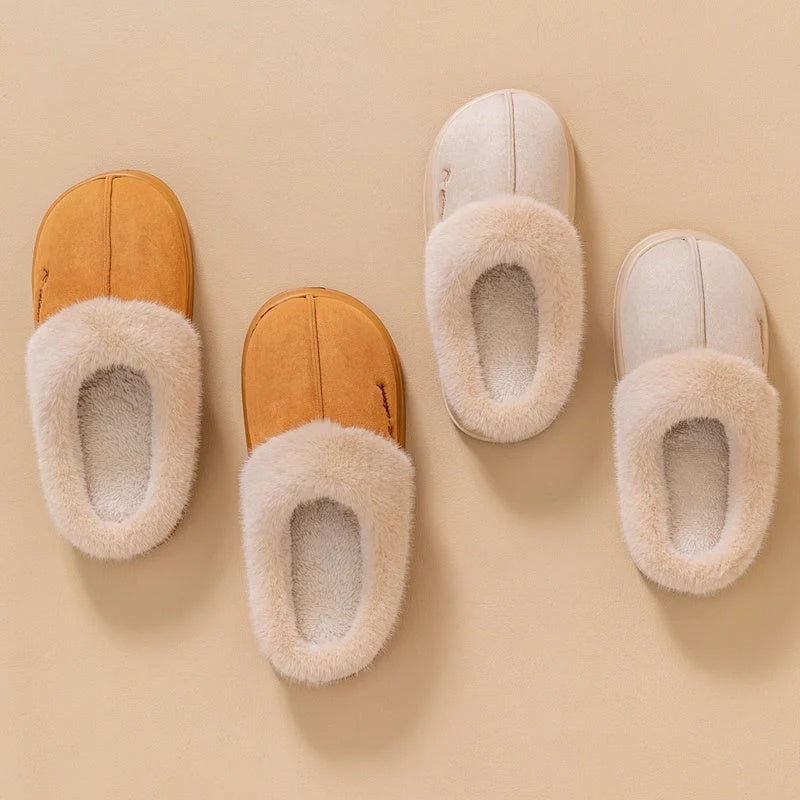 Winter fluffy slippers with non-slip soles in pink, khaki, white, and grey
