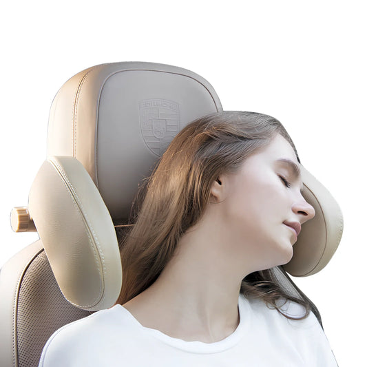 Adjustable car headrest pillow with 36cm bracket and 14cm rotating PU leather cushion