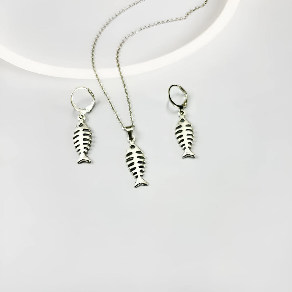 Retro fishbone necklace and earrings set with adjustable O-shaped alloy chain