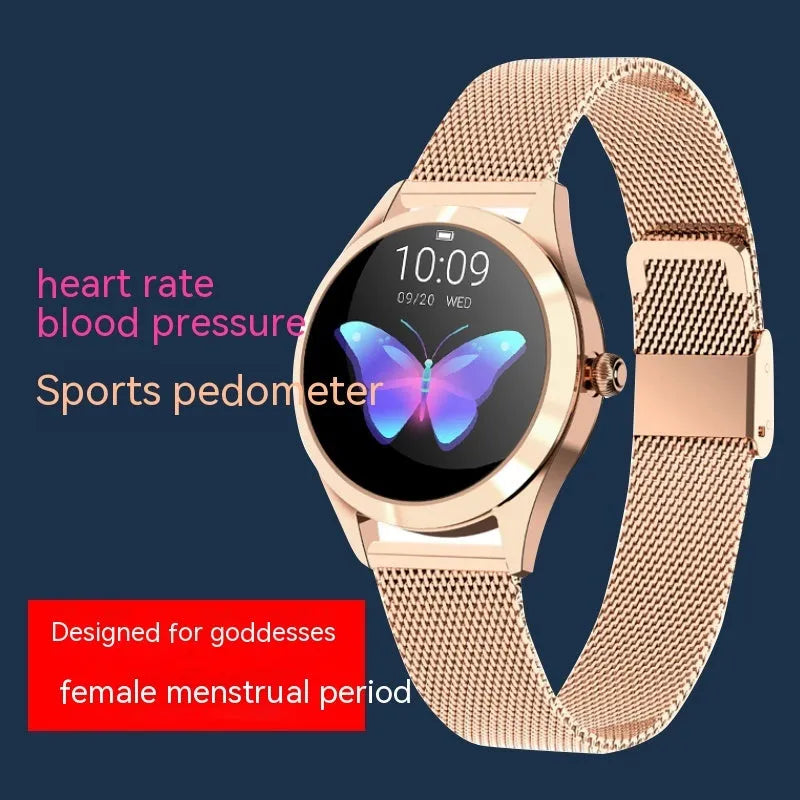 Women's sports smartwatch with heart rate monitoring display showing black, rose gold, silver, and white colour options
