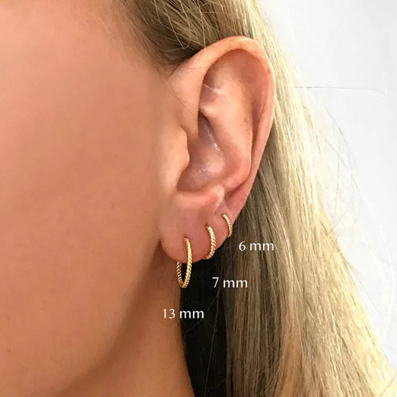 S925 sterling silver twisted string round ring earrings in multiple sizes from 6mm to 13mm diameter