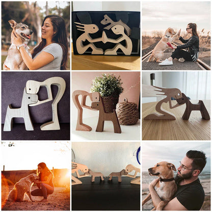 Handcrafted wooden dog sculpture featuring a man and his loyal canine companion