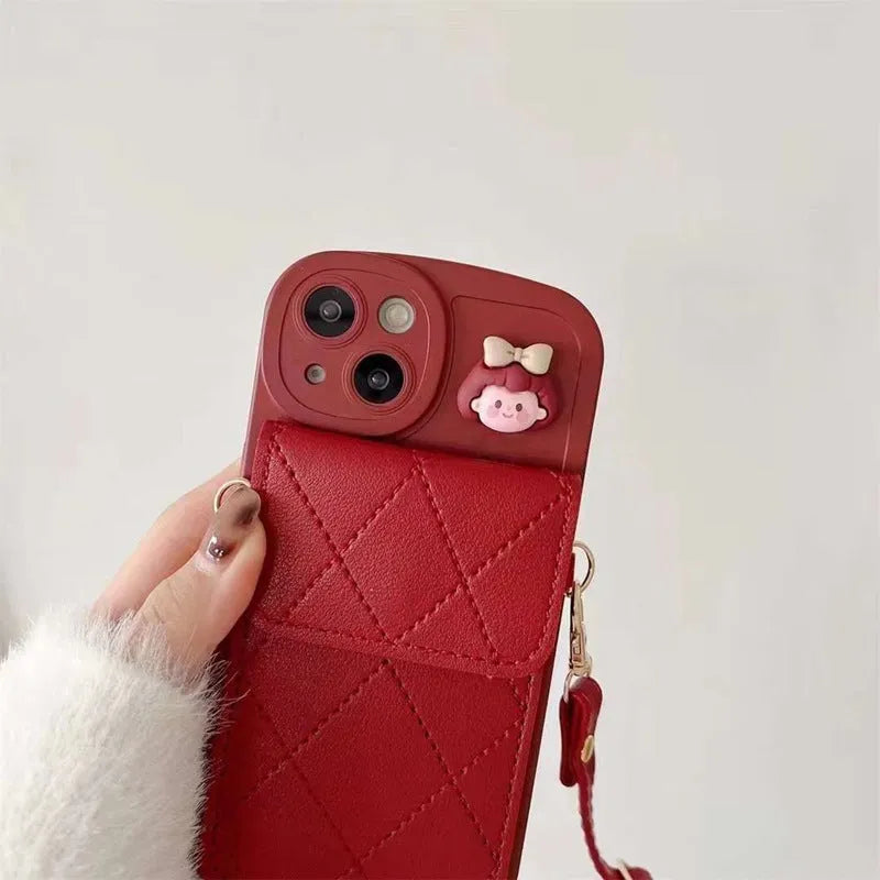 Red TPU crossbody card holder with lanyard for iPhone 15 showing diamond plaid pattern and rear card slot
