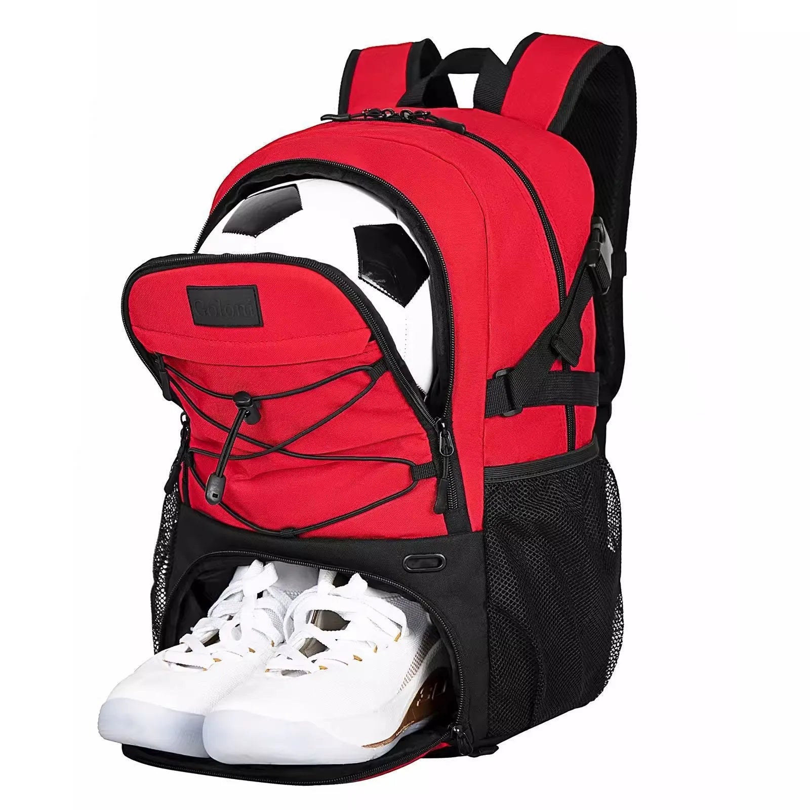 Oxford cloth basketball training backpack in black, showing 25-35L capacity for shoe storage