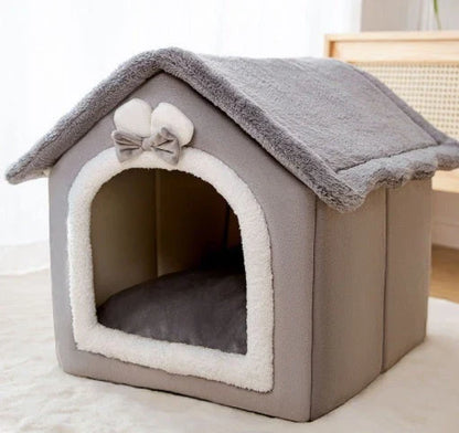 Cozy Pet Cave: Foldable plush dog house with warm removable cushion in various color options