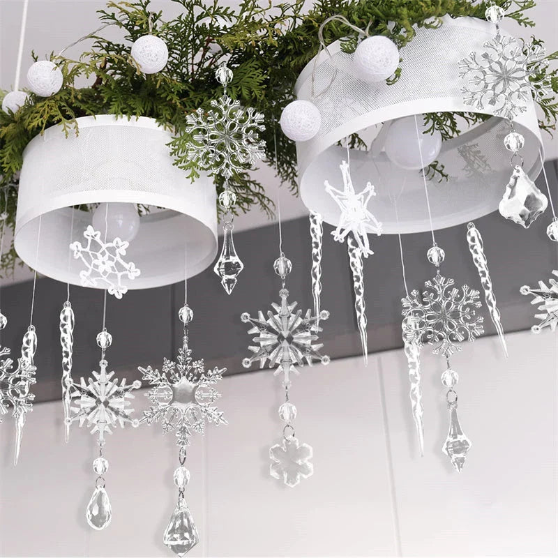 Premium clear acrylic icicle Christmas tree ornaments with hanging ribbons for versatile holiday decoration