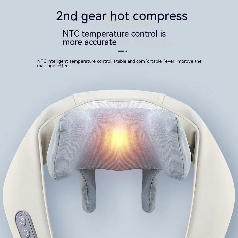 Beige neck massager with PU leather cover and six massage nodes on display against white background