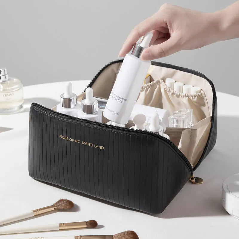 Vertical pattern pillow makeup bag cubic shape 22.5 cm PU material beige black brown grey pink options