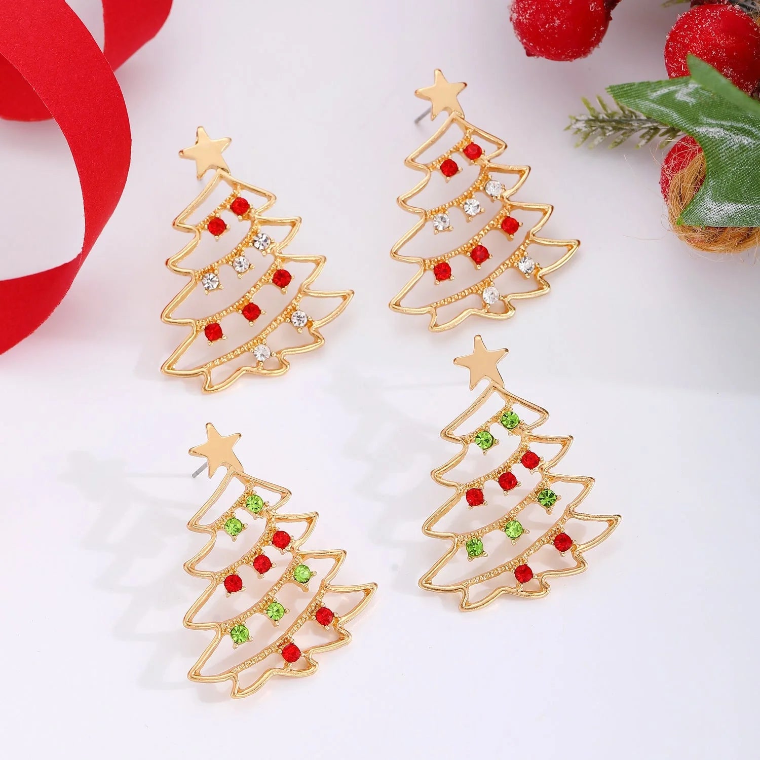 Christmas tree earrings with colourful zircon stones for women
