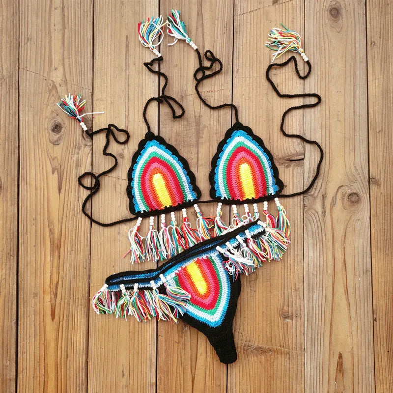 Handmade crochet bikini swimsuit in rainbow cotton with tassel detail, padded without underwire
