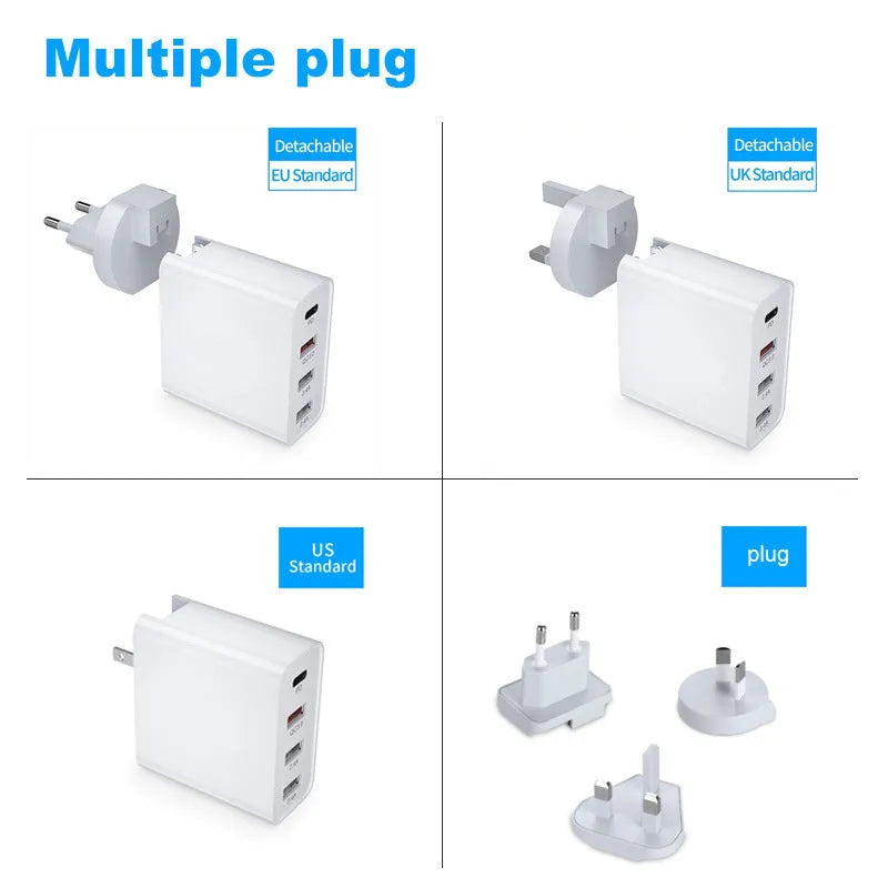 White USB fast wall charger with multiple ports and international plug adapters.