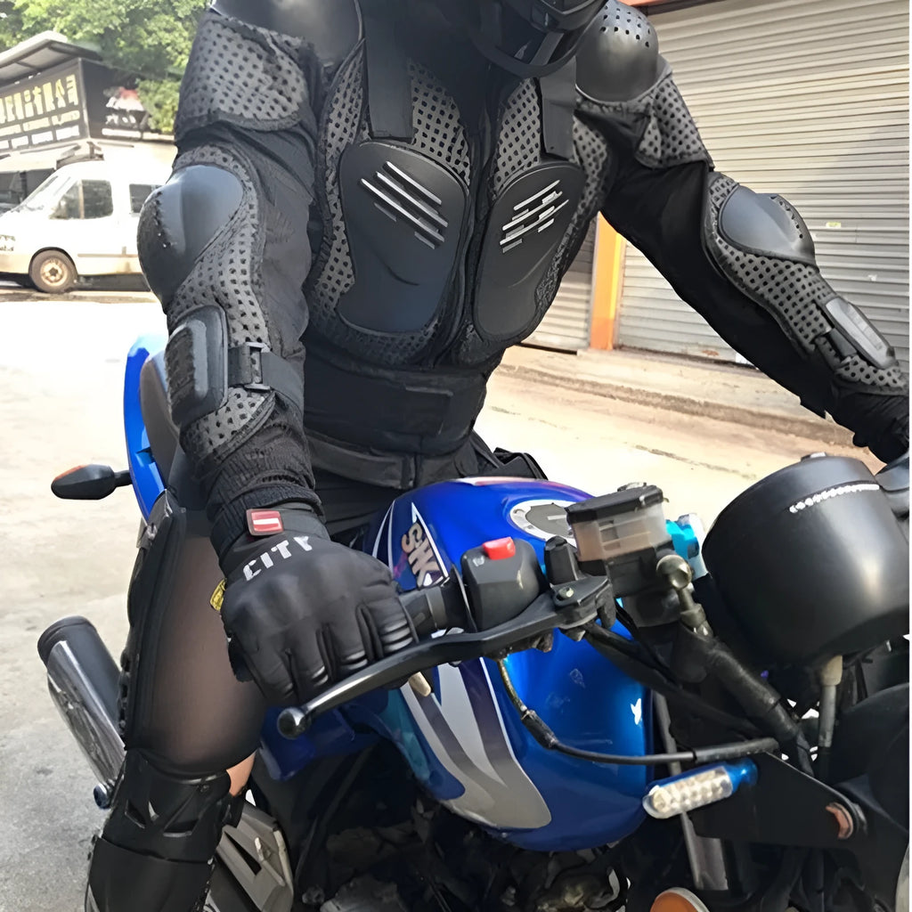 Black plastic armour jacket for motorcycle fall protection, available in multiple sizes M to 4XL