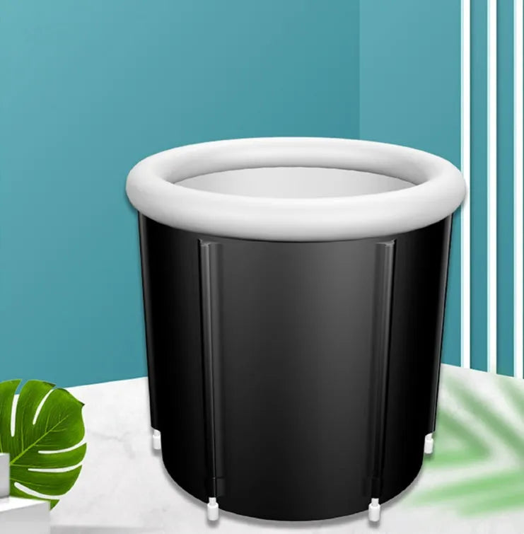 Black inflatable PVC ice bath tub measuring 70x80cm with weather lid and insulation for cold therapy