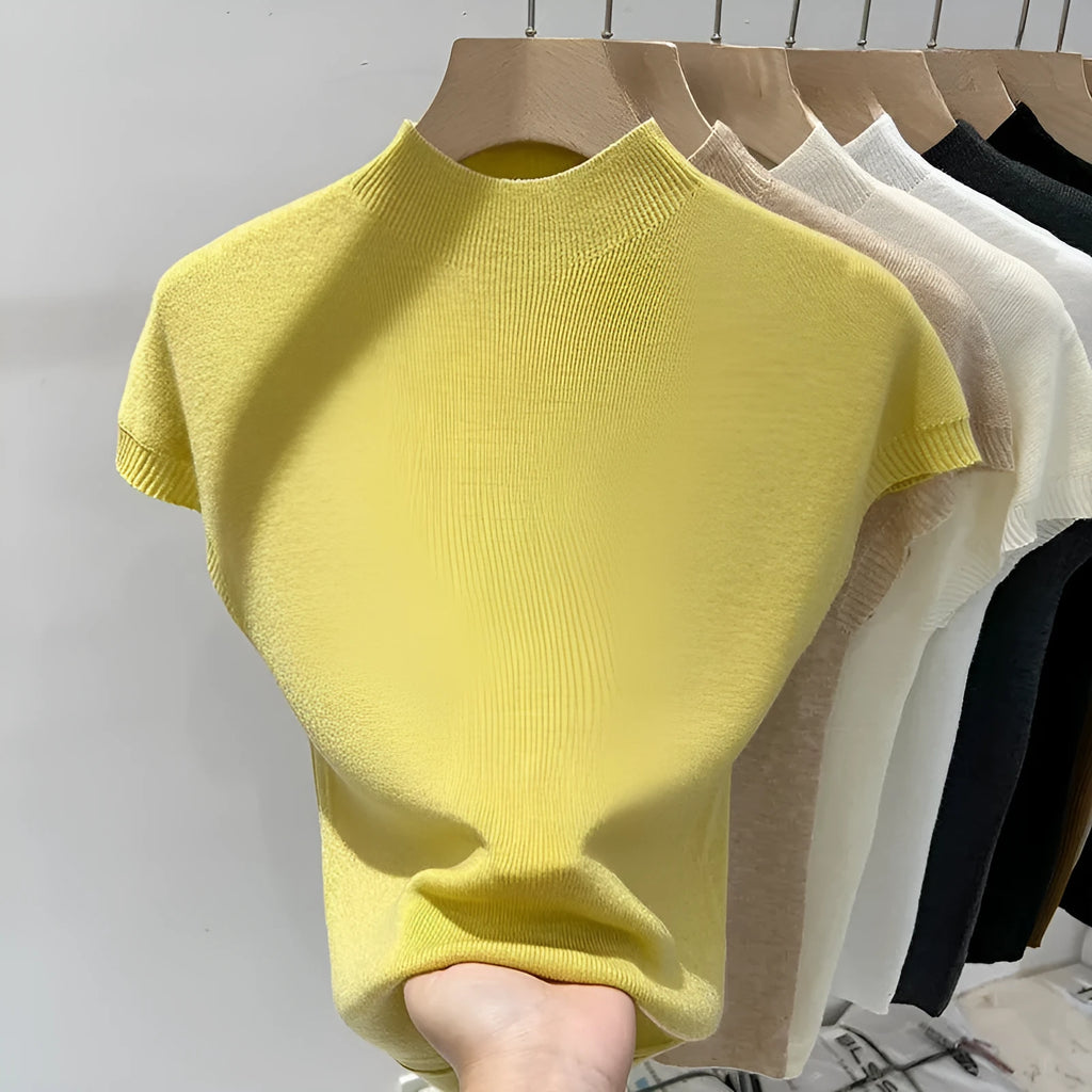 Women's half-high collar flutter sleeve knitwear summer pullover in light apricot with geometric pattern