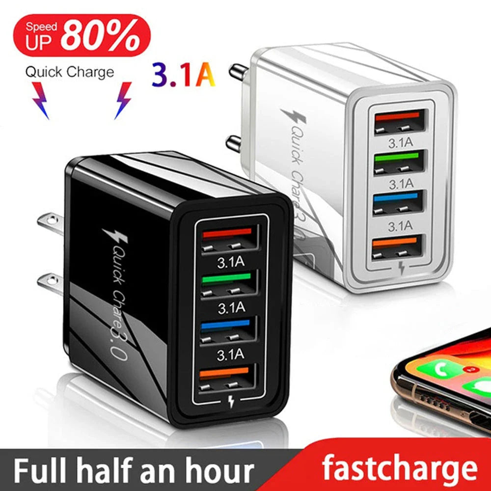 Powerful USB wall charger with Quick Charge 3.0 and 4 charging ports for fast, convenient device charging