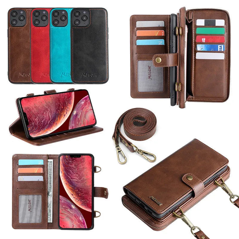 Black detachable wallet phone case showing strong adsorption leather flip cover open next to a smartphone.