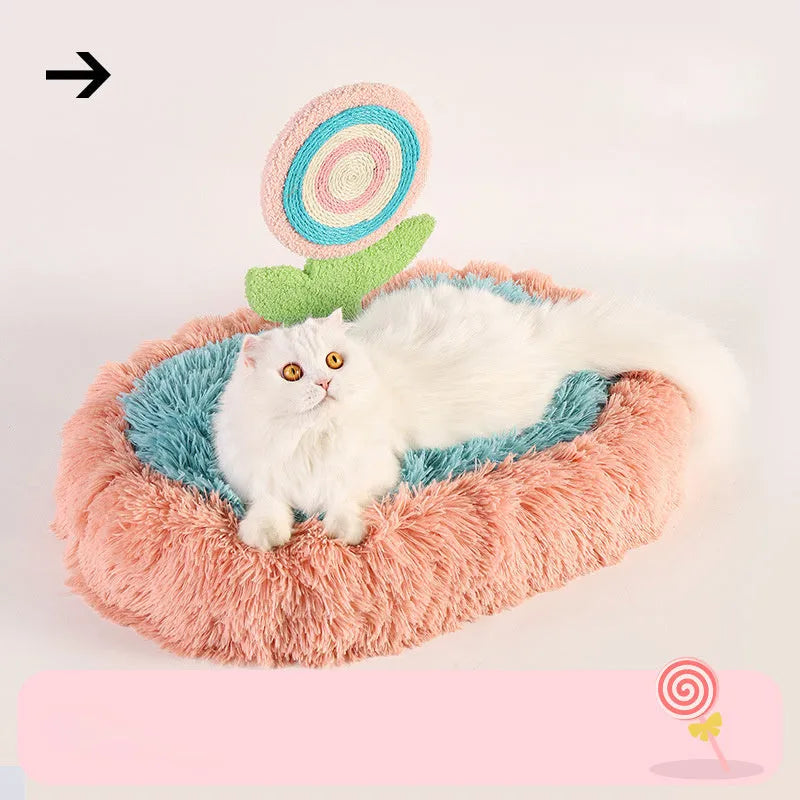 Pink thick plush cat nest bed with high rim and removable cushion in an elliptical lollipop shape.