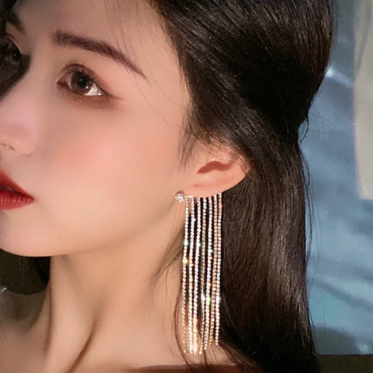 Women's long tassel earrings with 14K real gold plating and geometric design