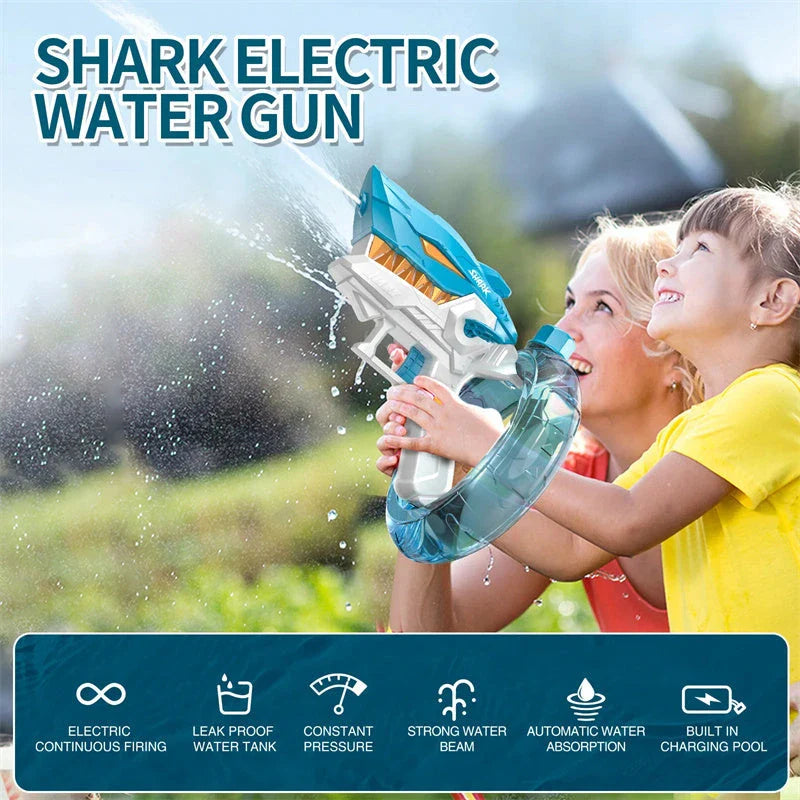 Powerful Shark-Themed Electric Water Gun with Sleek Design and Continuous Water Blasting