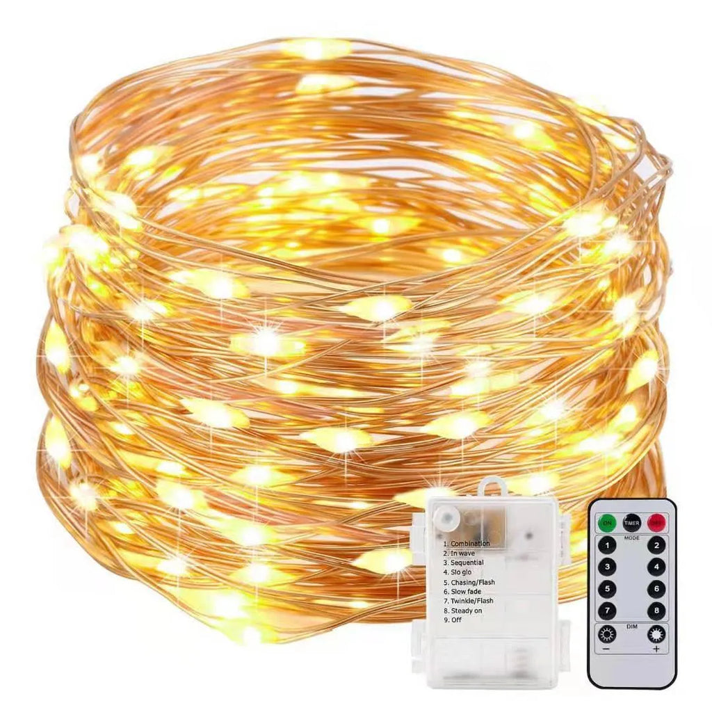 12-metre long copper wire LED string lights with battery box, showing multiple colour options.