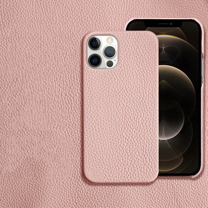 Genuine leather protective case for iPhone in simple half-wrap design on a table.