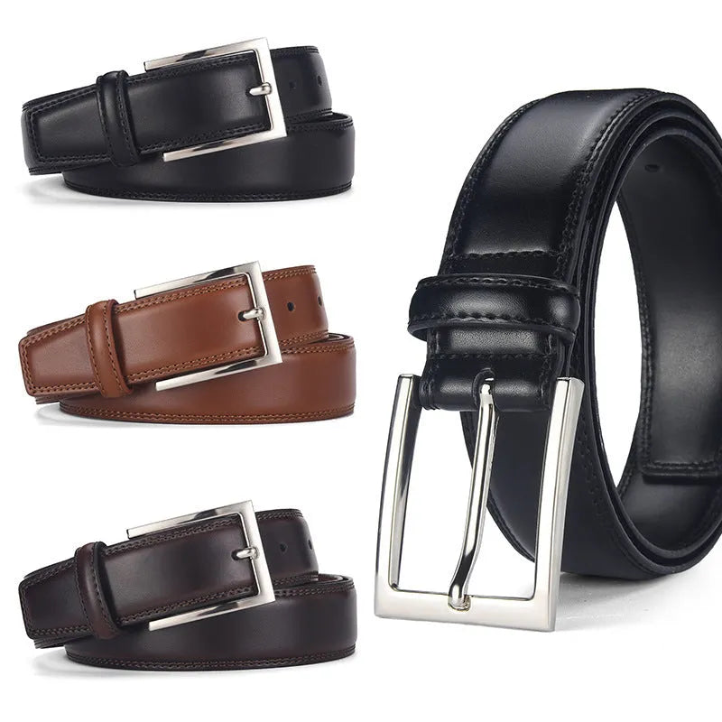Men's black genuine leather belt with a silver pin buckle shown on a flat surface