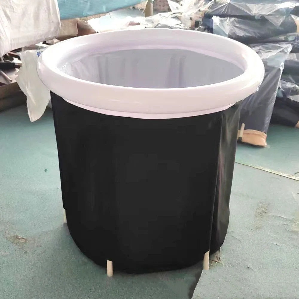 Black inflatable PVC ice bath tub measuring 70x80cm with weather lid and insulation for cold therapy