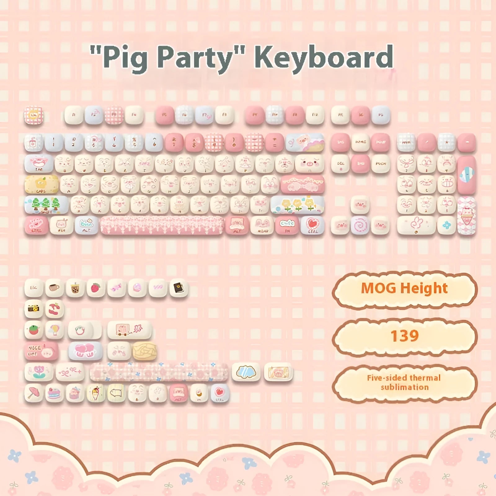 Full set of cartoon pig party themed sublimation keycaps for mechanical keyboards