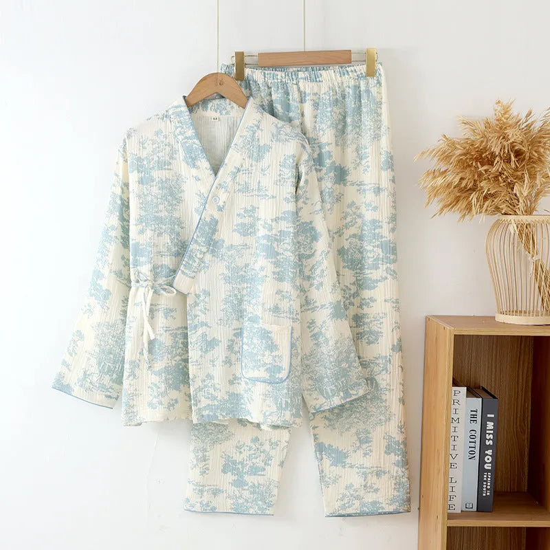 Women's blue frost pine tree print cotton gauze trousers suit with lace-up detail