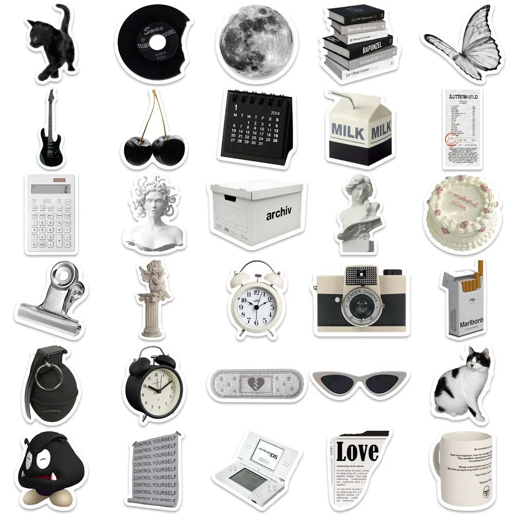 61 black and white waterproof PVC vinyl stickers for laptop and drink bottle personalisation.