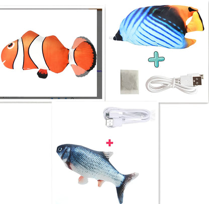 Electric flopping fish cat toy in clownfish design, 30cm long, USB rechargeable with touch sensor for play activation