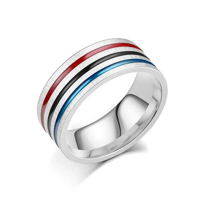 Titanium steel ring with unique rainbow oil drip design, available in silver