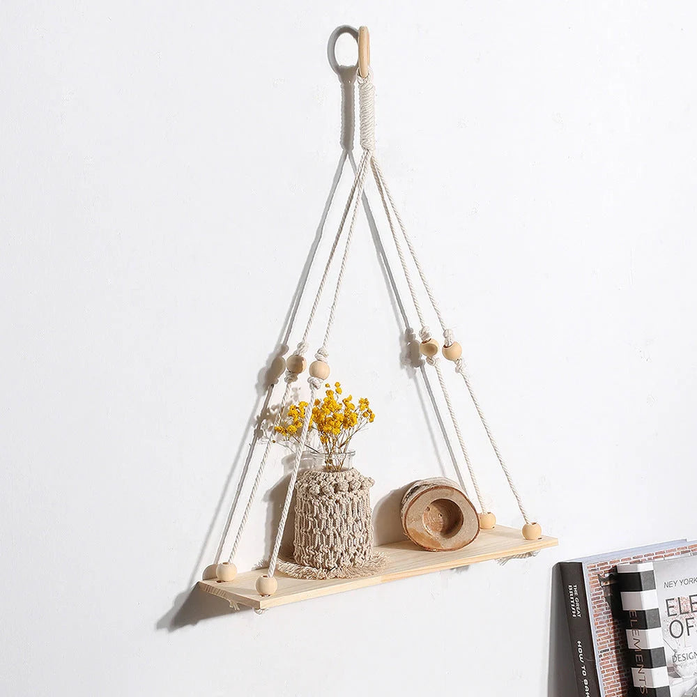 Hand-woven cotton tapestry wall decoration rack with wooden planks in rectangle shape