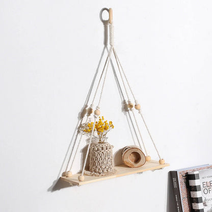 Hand-woven cotton tapestry wall decoration rack with wooden planks in rectangle shape