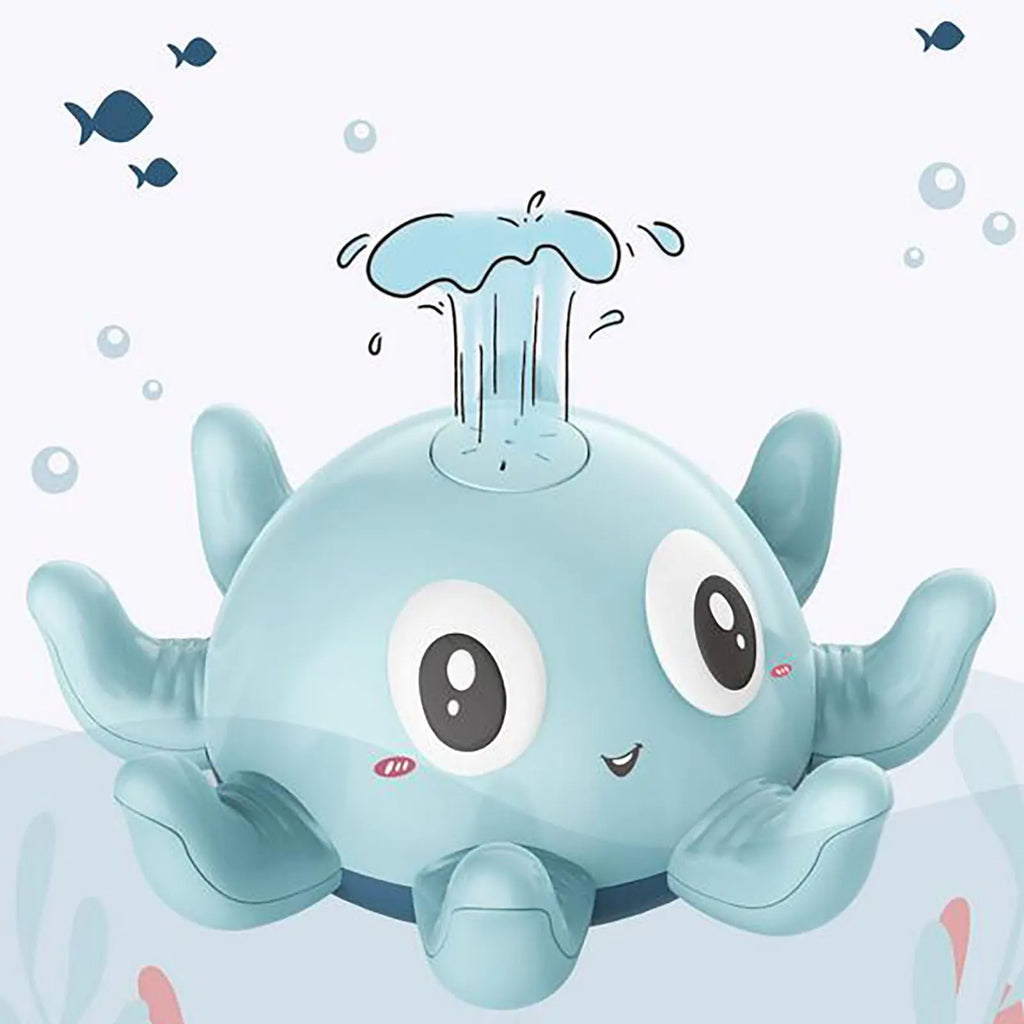 Blue or pink automatic spraying octopus bath toy with flashing lights for children's bathtub and pool play.